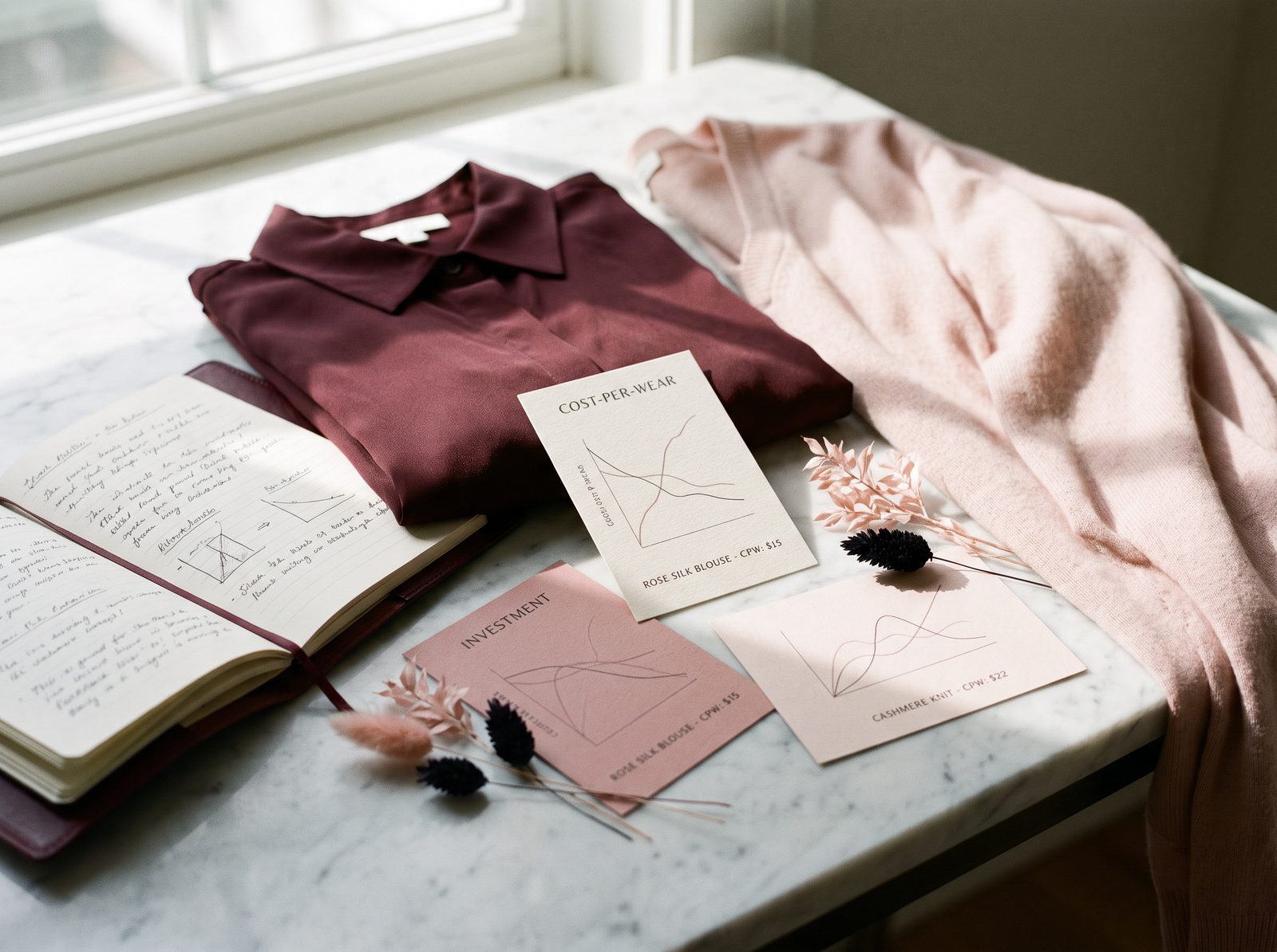 Elegant still life representing wardrobe analytics with a maroon notebook and tasteful data cards