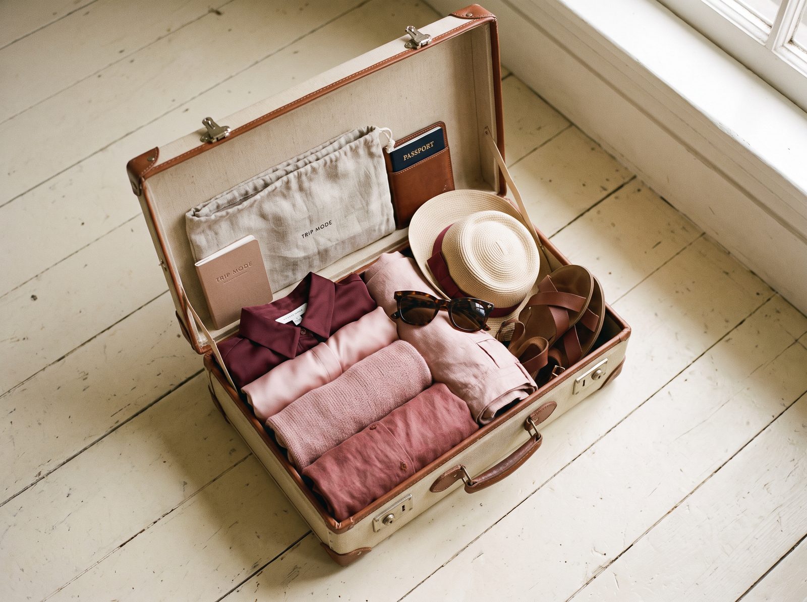 An open suitcase neatly packed with a travel capsule wardrobe in maroon and blush tones