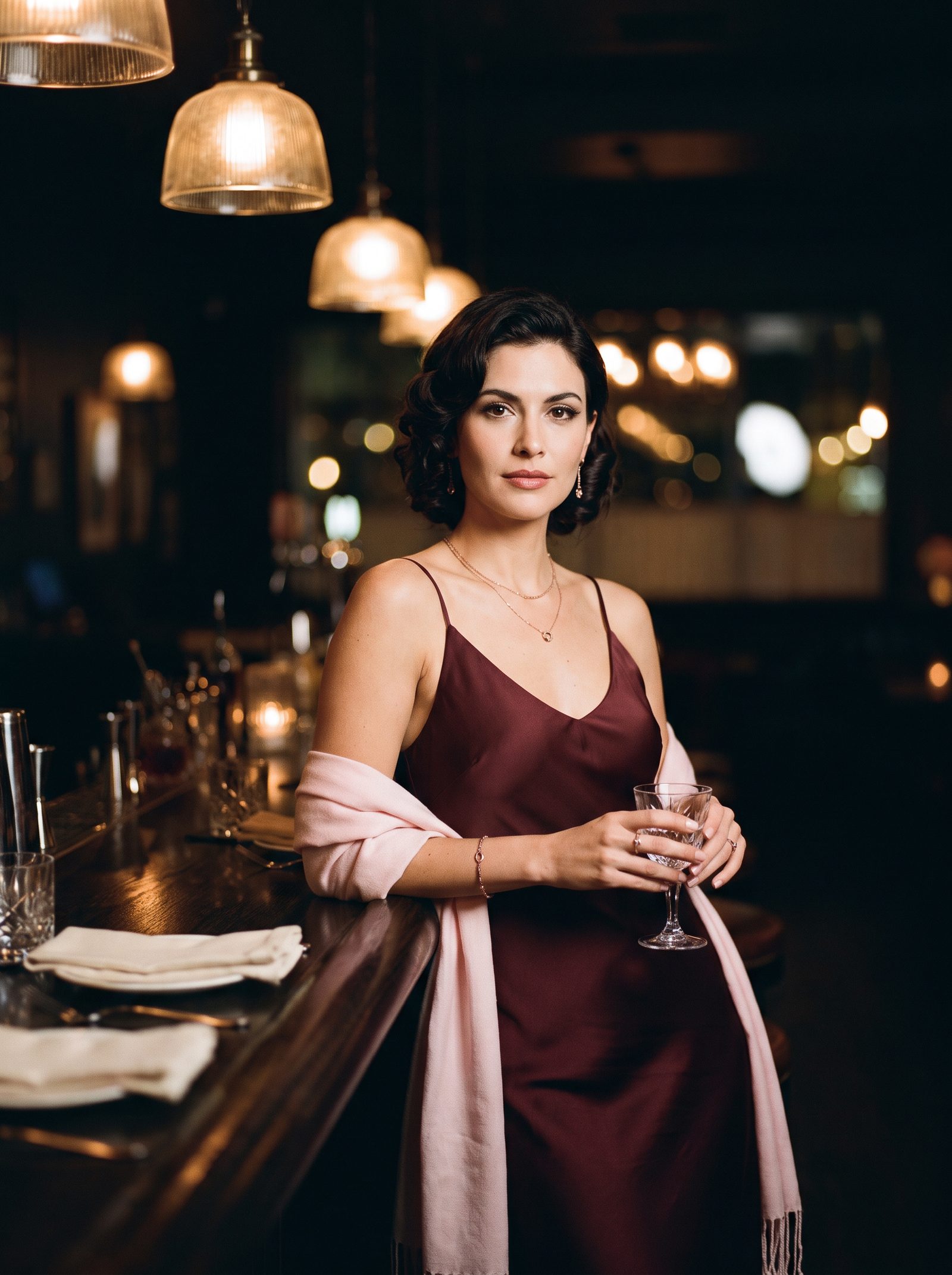 Virtual try-on: maroon cocktail dress in a dim upscale bar